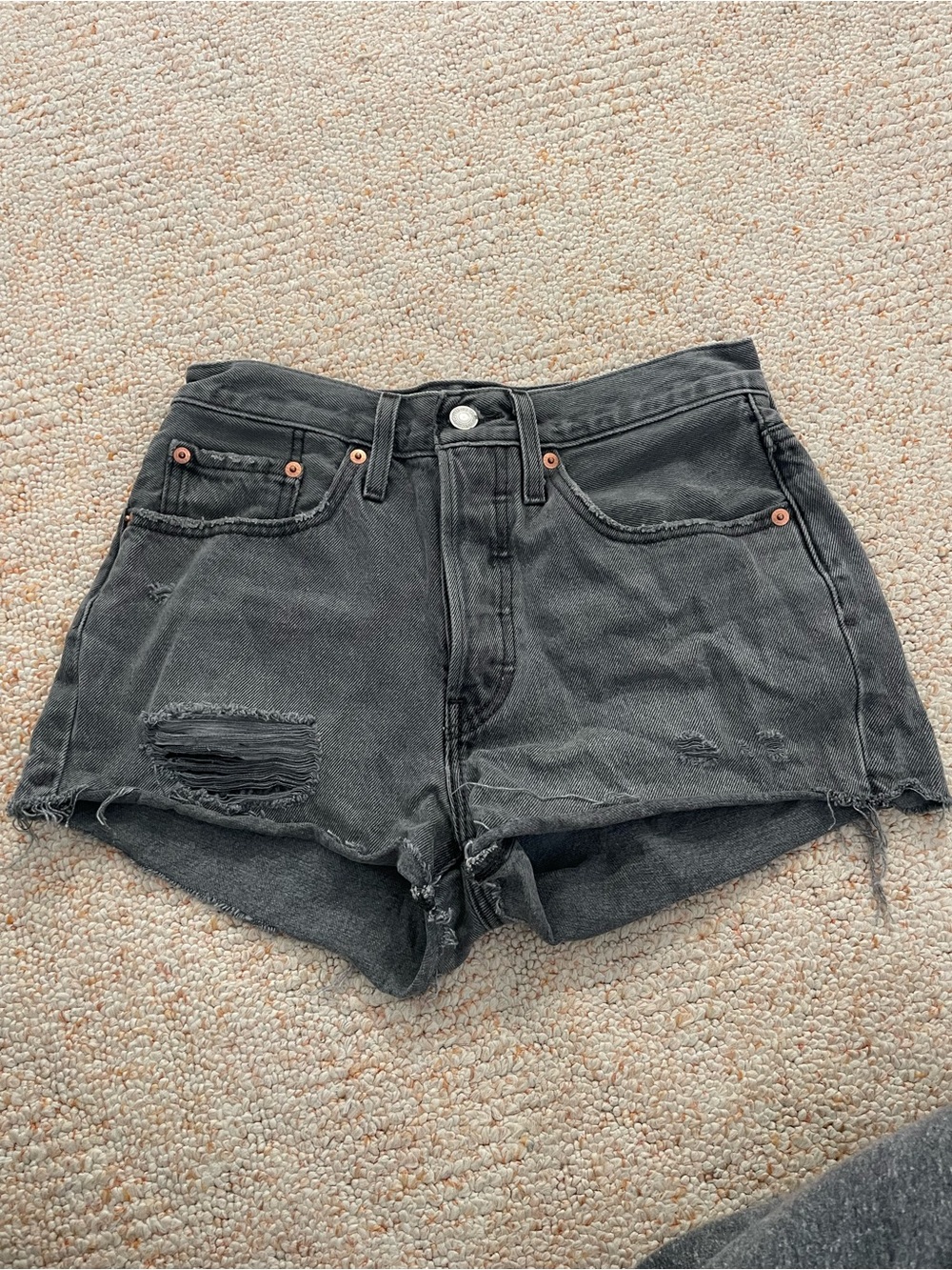 Levi's Washed Black High-Rise Distressed Jean Shorts